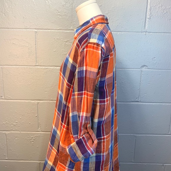Lauren Ralph Lauren Plaid Linen Roll-Tab Sleeve Button Up Blouse Women's Large - Picture 5 of 9